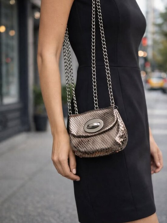 Stuart Weitzman Handbags - Stuart Weitzman Metallic Snakeskin Chain Bag – Silver Evening Clutch